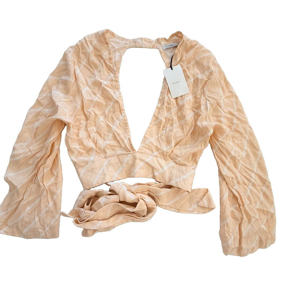 New Faithful the Brand Striped Peach Wrap Tie Blouse Cropped 100% Rayon NWT S